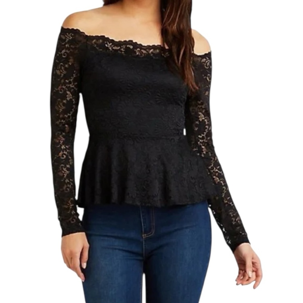 Charlotte Russe Y2K Black Lace Off Shoulder Peplum Top L Retro Rockabilly Pinup